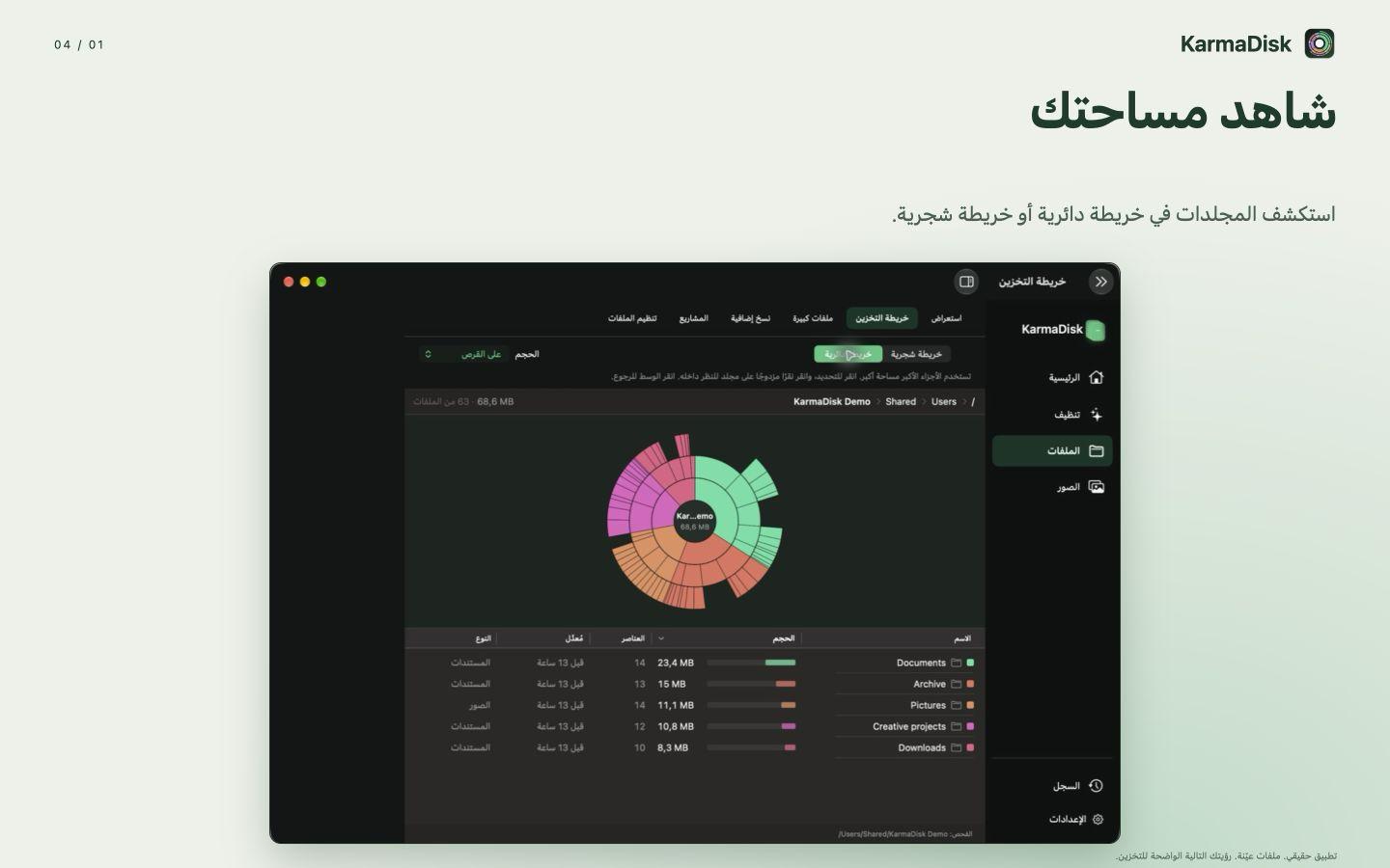 خريطة تخزين KarmaDisk تعرض الأحجام النسبية للمجلدات في ملفات عيّنة مُنشأة.