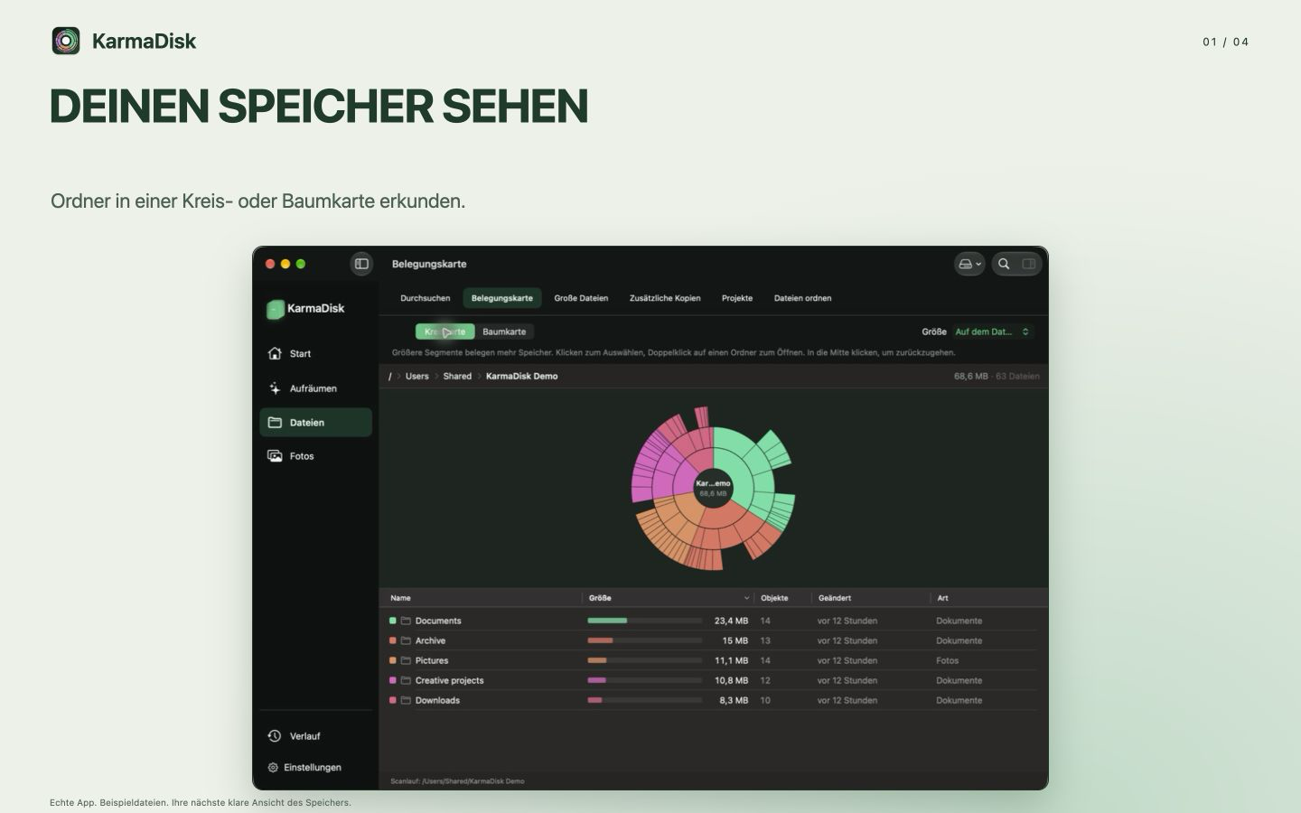 KarmaDisk-Speicherübersicht mit den relativen Größen von Ordnern in generierten Beispieldateien.