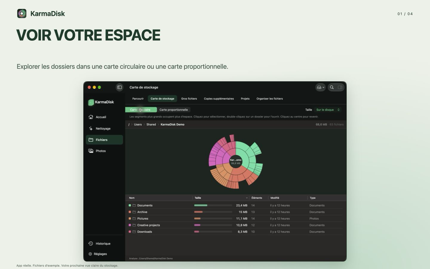 Carte de stockage KarmaDisk montrant les tailles relatives des dossiers dans des fichiers d’exemple générés.