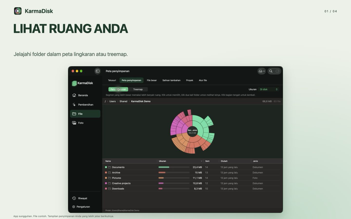 Peta penyimpanan KarmaDisk yang menunjukkan ukuran relatif folder dalam file contoh yang dihasilkan.