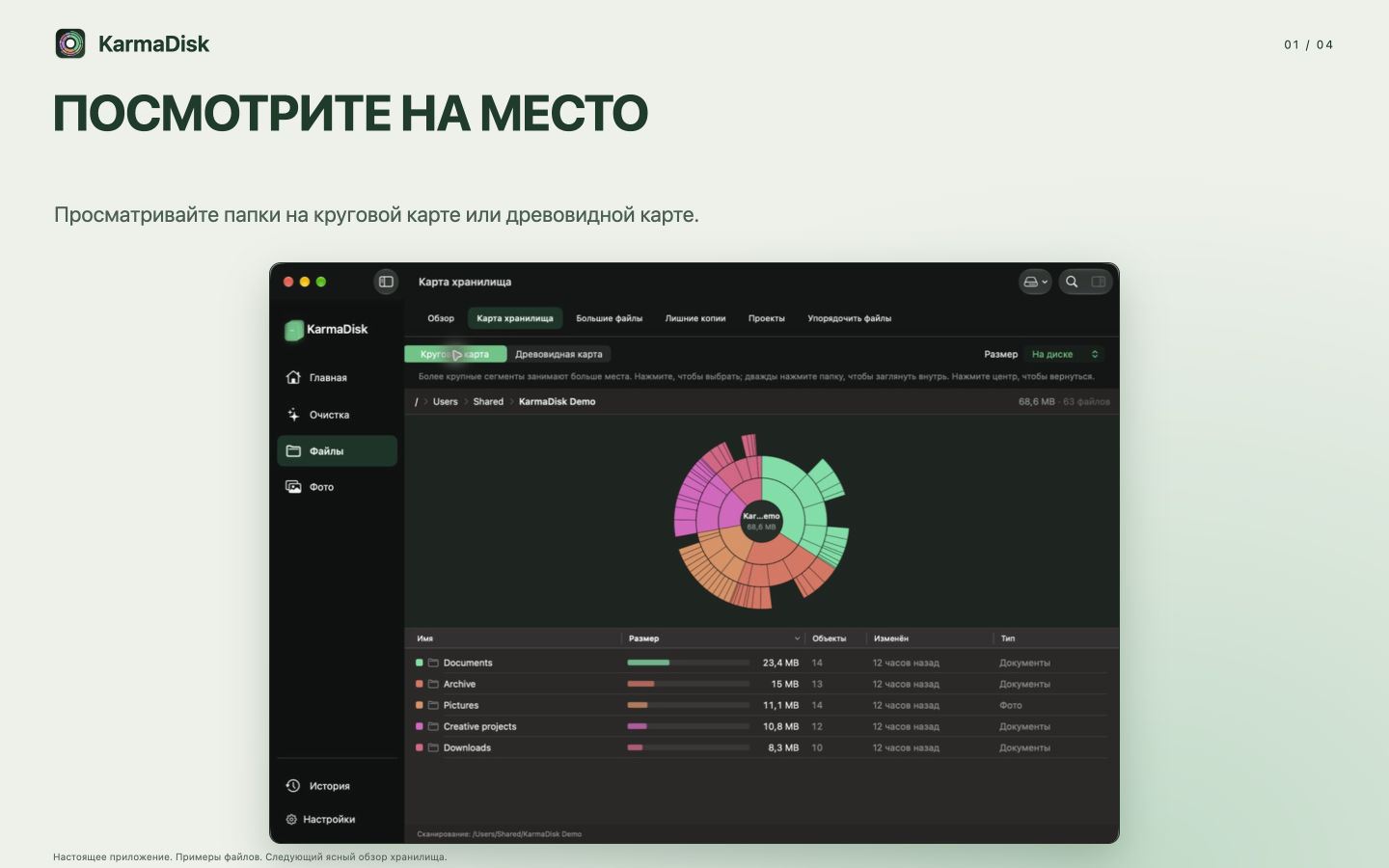 Карта хранилища KarmaDisk с относительными размерами папок в сгенерированных примерах файлов.